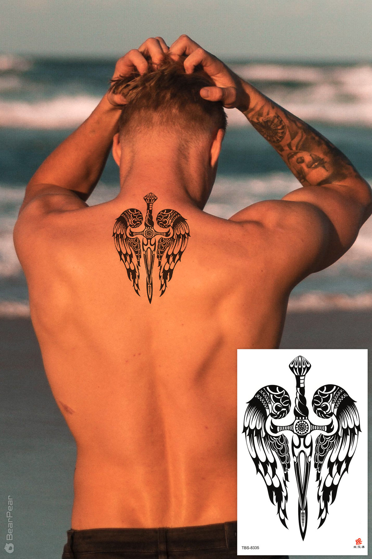 Emporio Kılıç ve Kanat Geçici Dövme Ense Sırt Dövmesi