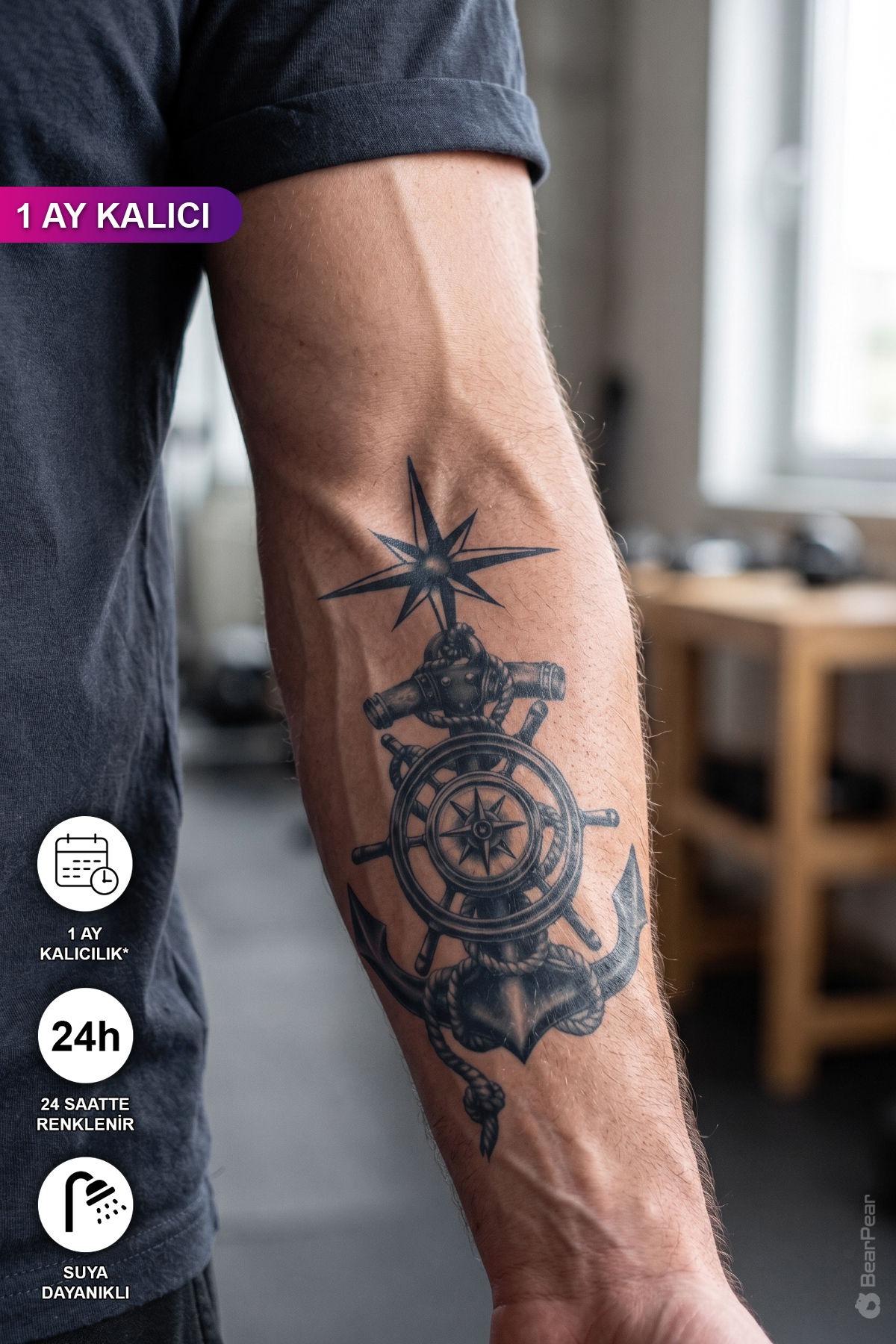 1 Ay Kalıcı Tattoo Gerçek Dövme Görünümlü Çapa Dövmesi