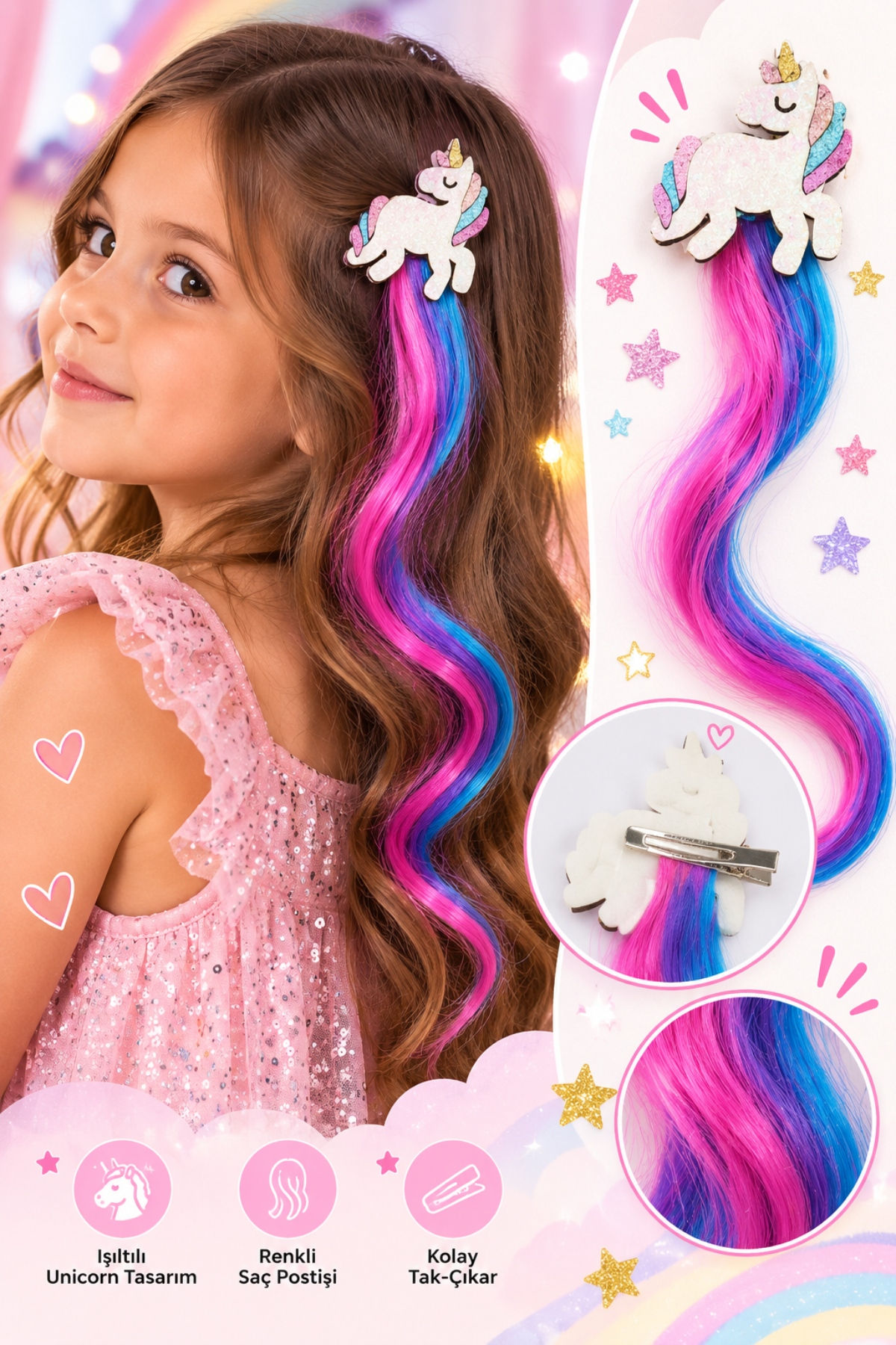 Işıltılı Unicorn Figürlü Renkli Saç Postişi Toka – Çocuk Saç Aksesuarı