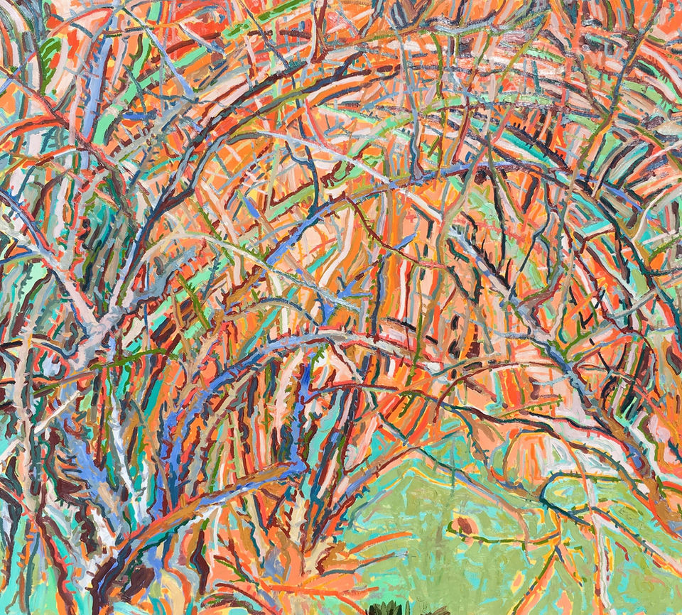 abstract colorful orange and green oil painting of rose bushes by Michigan artist Luralee Kiesel