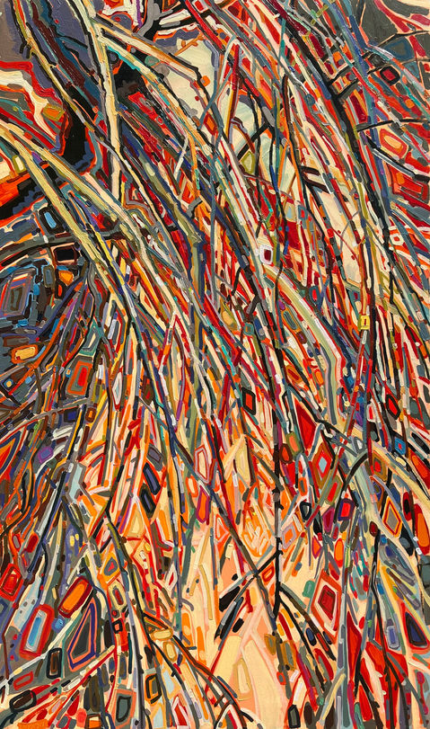 abstract colorful orange red and gray oil painting of trees by Michigan artist Luralee Kiesel