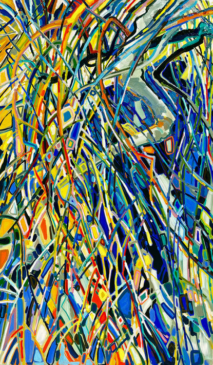 abstract colorful blue and yellow tree painting by Michigan artist Luralee Kiesel