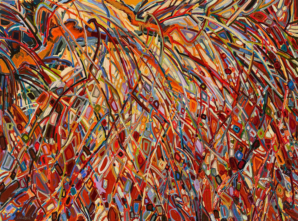 abstract colorful orange tree painting by Michigan artist Luralee Kiesel