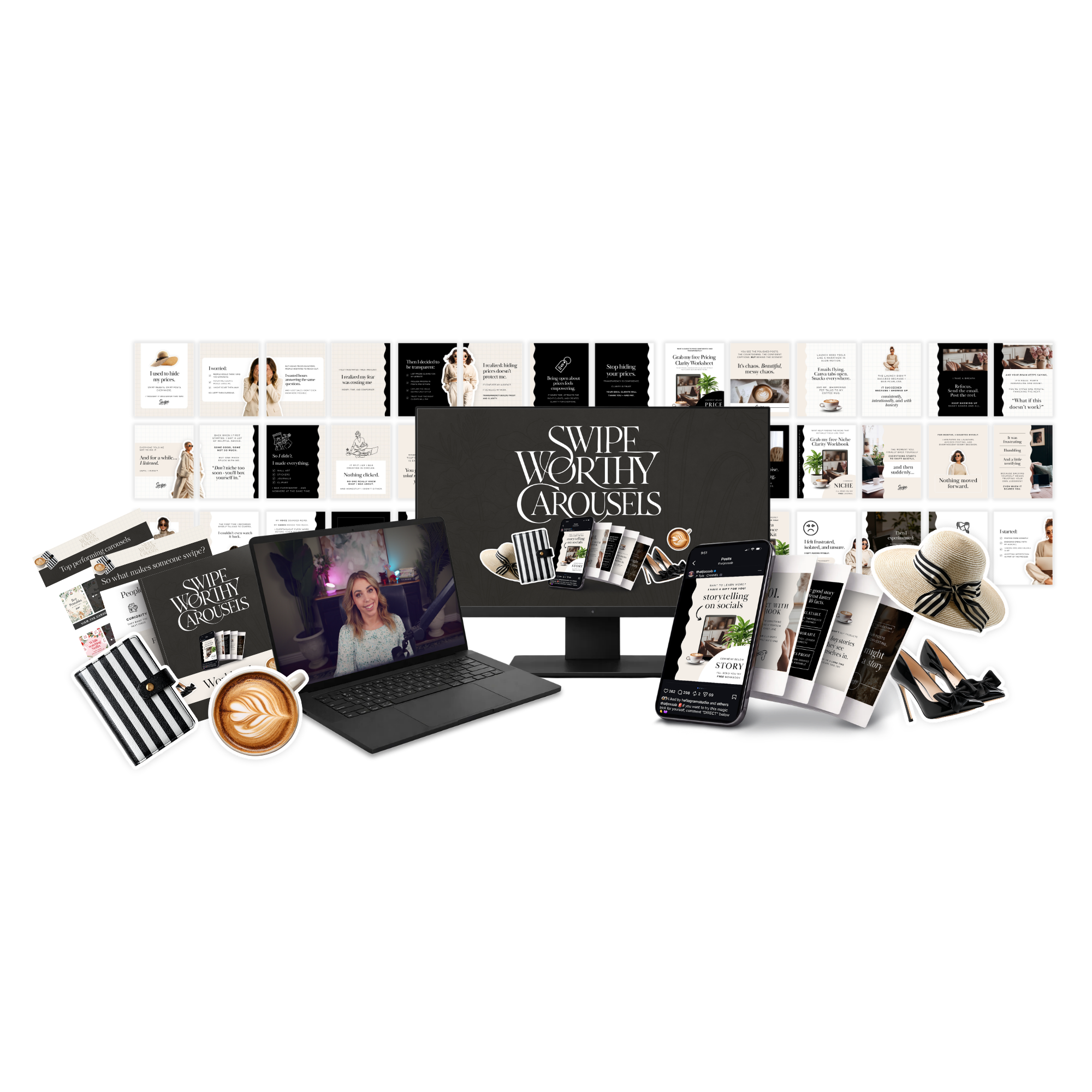 Create swipe-worthy Instagram carousels that build trust, grow your audience, and sell your offers – without Reels or being o