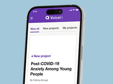VoiceIn app on phone displaying "Post-COVID-19 Anxiety Among Young People" content.