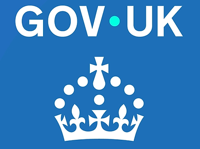 GOV.UK logo on blue background, white crown and text
