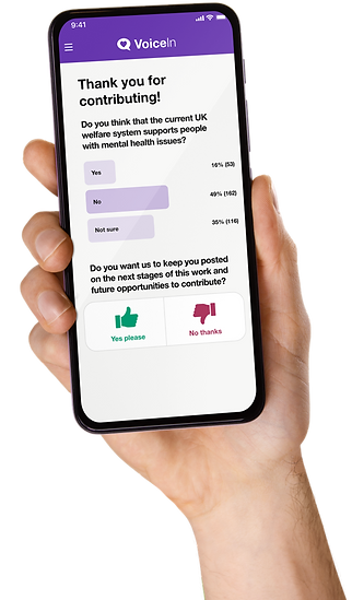 A preview of the VoiceIn app on a phone with the words, 'Thank you for contributing!'