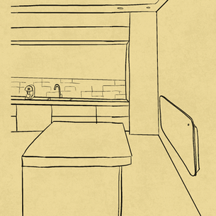 Croquis d'une cuisine minimaliste avec un îlot central et un radiateur Fogo Cima 1000 sur le mur