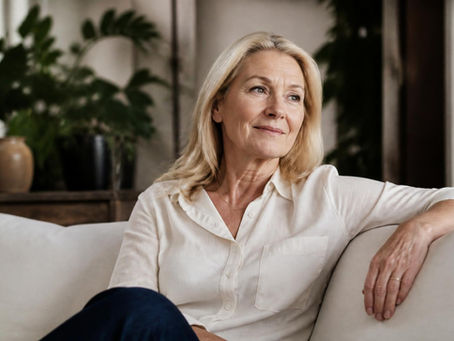 KI generiert, Frau auf dem Sofa lächelnd, 60 Jahre alt