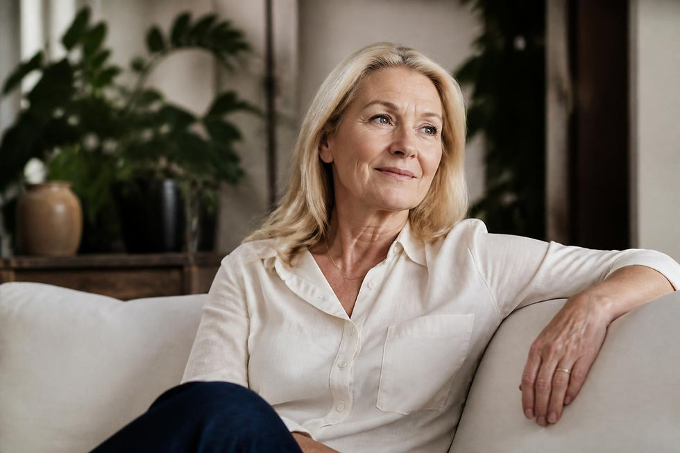 KI generiert, Frau auf dem Sofa lächelnd, 60 Jahre alt