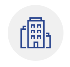 Blue line icon of an office building.
