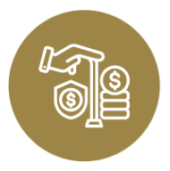 Icon of a hand holding a cane next to a shield and coins.