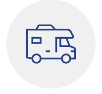 Blue outline icon of a motorhome camper van.