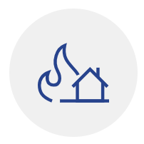 Blue line icon of a house on fire inside a circle.