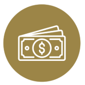 Icon of dollar bills in a gold circle.