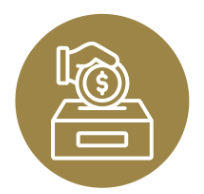 Icon of a hand putting a dollar coin into a box.