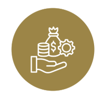 Hand holding money bag, coins, and gear icon