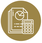 Icon of documents with a pie chart and a calculator.