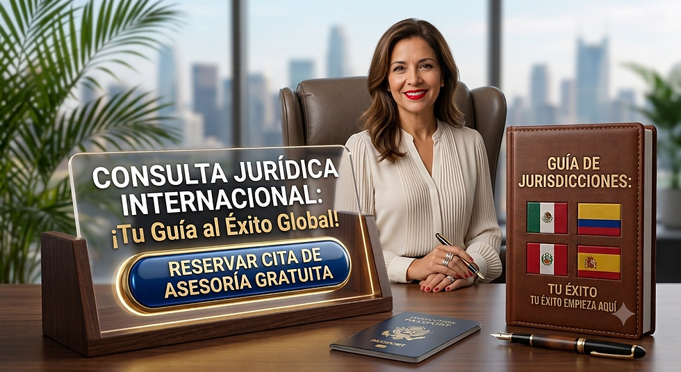 Una mujer sonríe en una oficina con vista a la ciudad. En primer plano hay un cartel acrílico con texto en español: "CONSULTA JURÍDICA INTERNACIONAL: Tu Guía al Éxito Global! RESERVAR CITA DE ASESORÍA GRATUITA". También hay un pasaporte, un libro de cuero y un bolígrafo sobre el escritorio.
