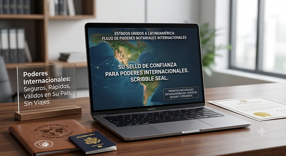 Un ordenador portátil MacBook abierto sobre un escritorio de madera muestra un mapa del mundo y texto en español. En primer plano, a la izquierda, hay un cartel de acrílico con texto en español. En el escritorio también hay una libreta de cuero, un pasaporte de Estados Unidos, un certificado y una pluma. El fondo está formado por estanterías de libros y una ventana que da a una ciudad. La imagen está captada con una cámara y tiene una iluminación natural.