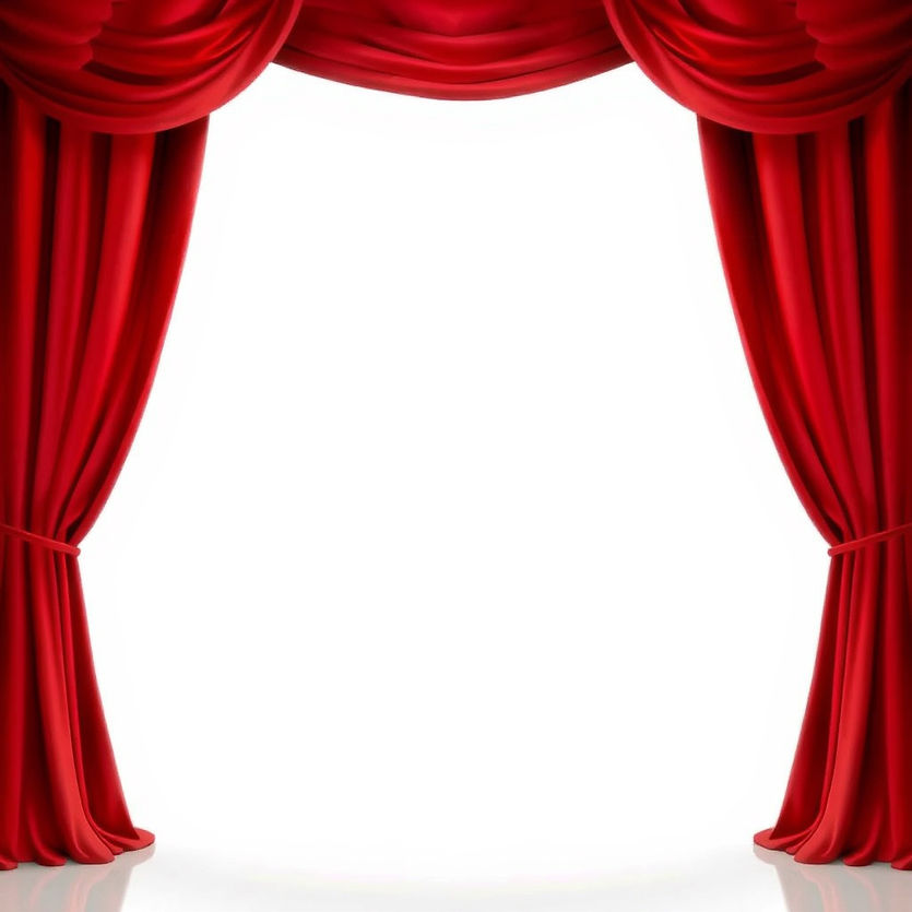 stage curtains opening on the corners, background of stage is white, and curtains are red,
