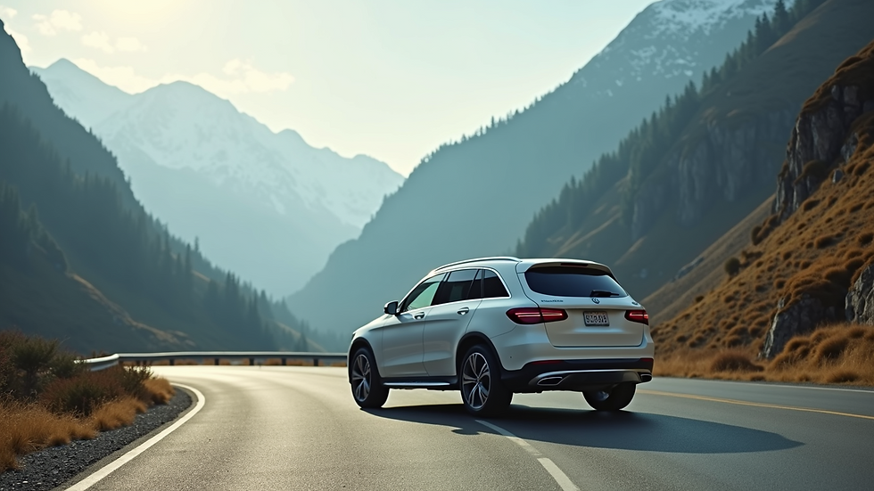 Eye-level view of a white SUV parked on a scenic mountain road