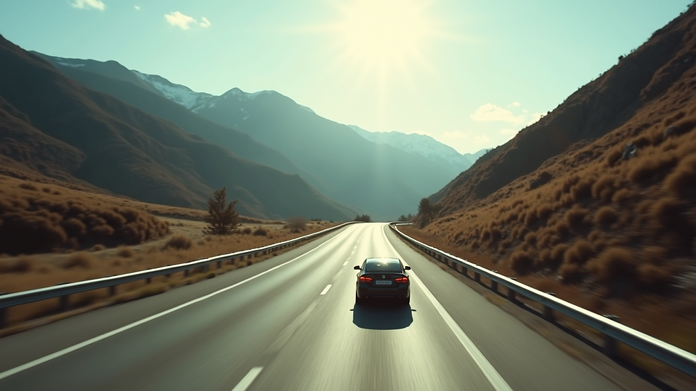 High angle view of a car driving on a scenic highway surrounded by hills