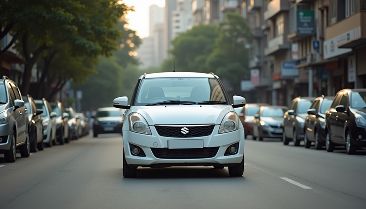 Eye-level view of a white compact car parked on a city street in Surat
