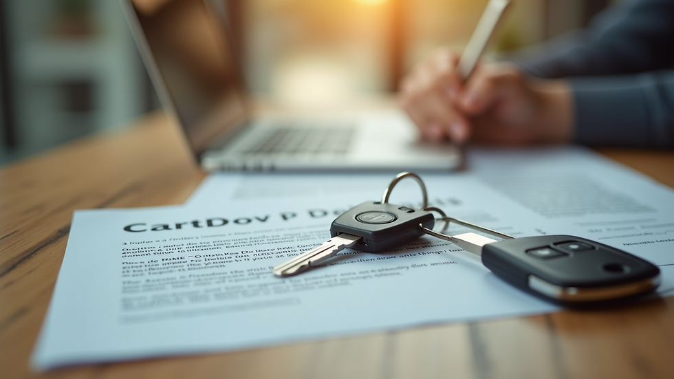 Close-up view of a rental car key and contract on a wooden table