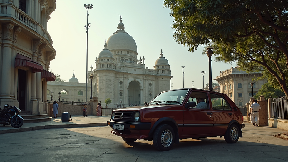 High angle view of a compact car parked near a Surat landmark
