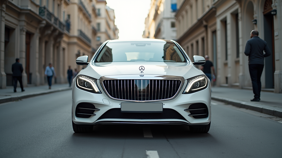 Eye-level view of a white sedan parked in a city street
