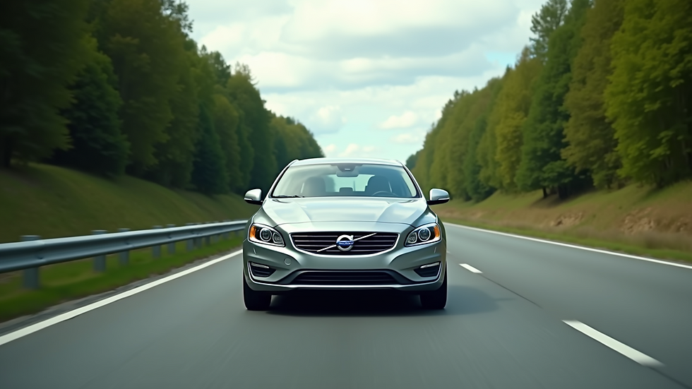 Eye-level view of a silver sedan driving on a highway surrounded by greenery