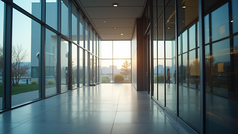 Eye-level view of a modern commercial building with large glass windows