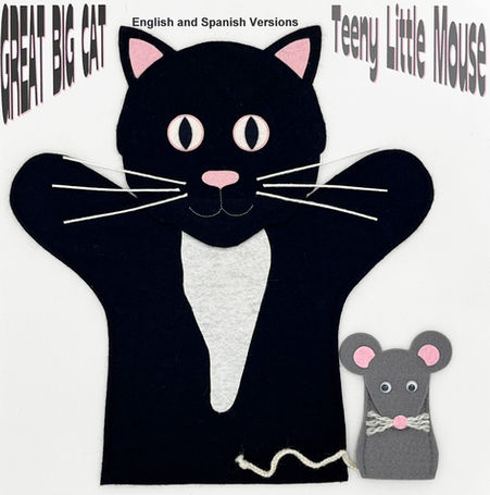 Big Cat Hand puppet and small mouse finger puppet
