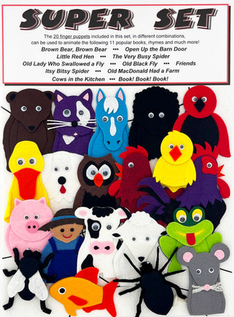 Assorted finger puppets and spider web for educational storytelling!