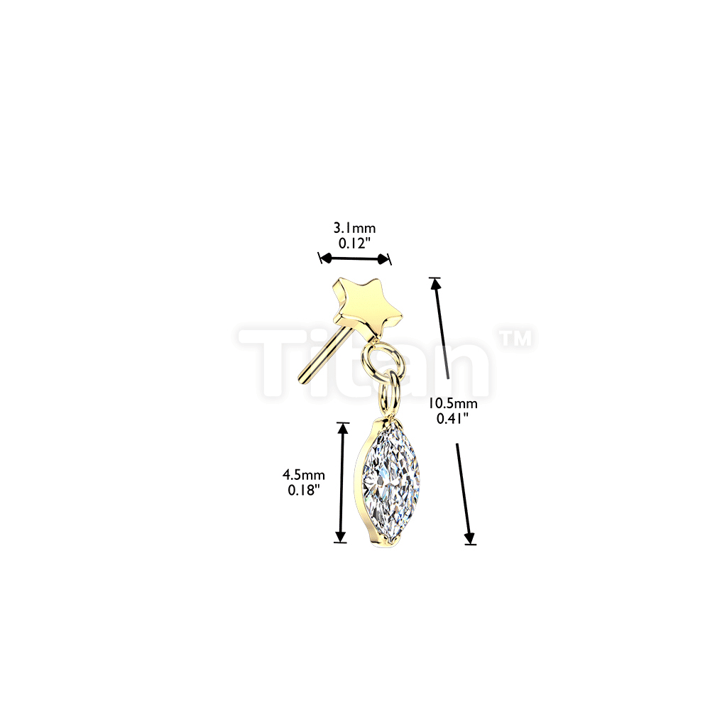 Titanium Threadless Push In Flat Star Top And Marquise CZ Dangle