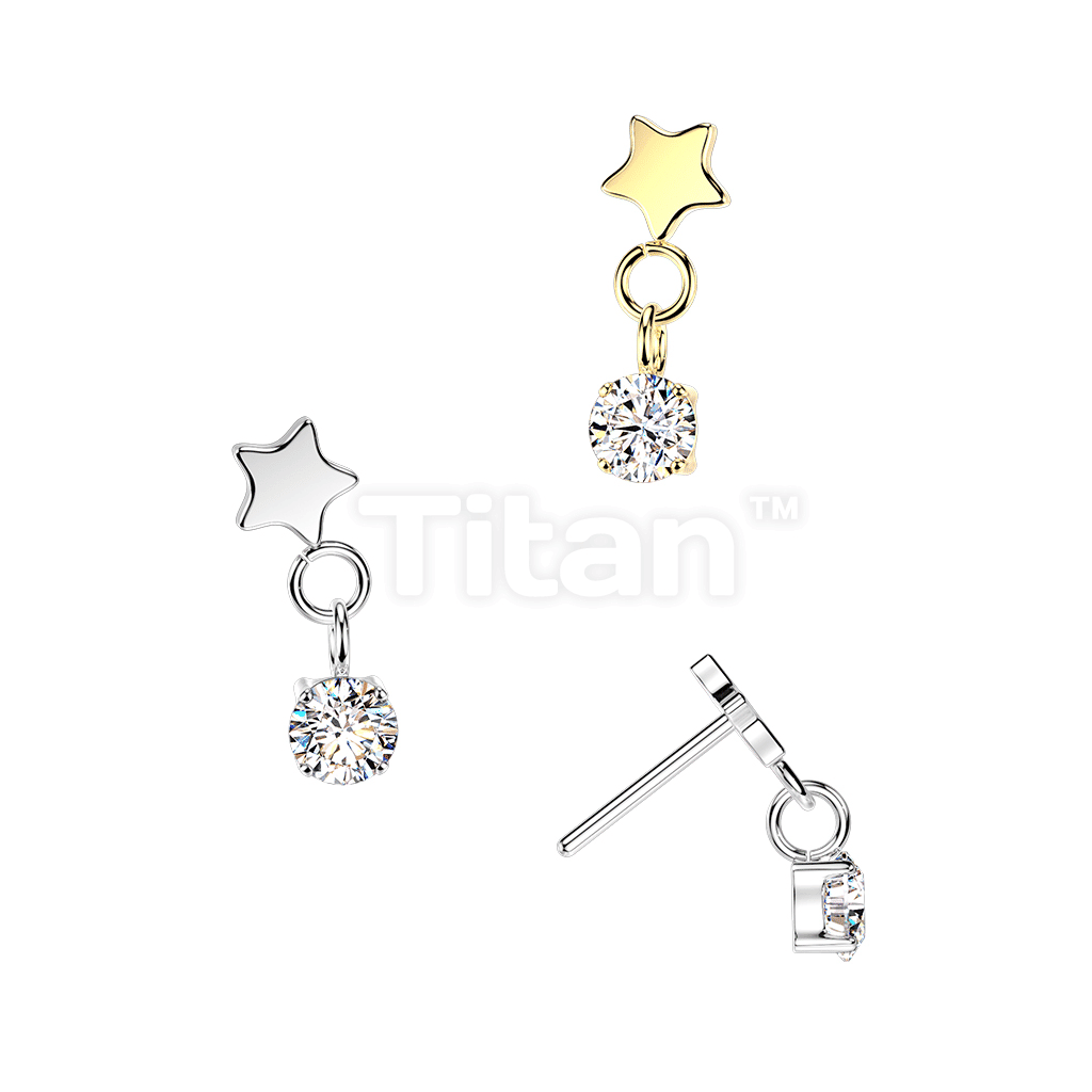 Titanium Threadless Push In Flat Star Top And Round CZ Dangle