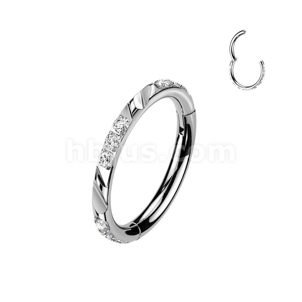 Titanium Hinged Segment Hoop Ring With Facet Cuts Triple CZs