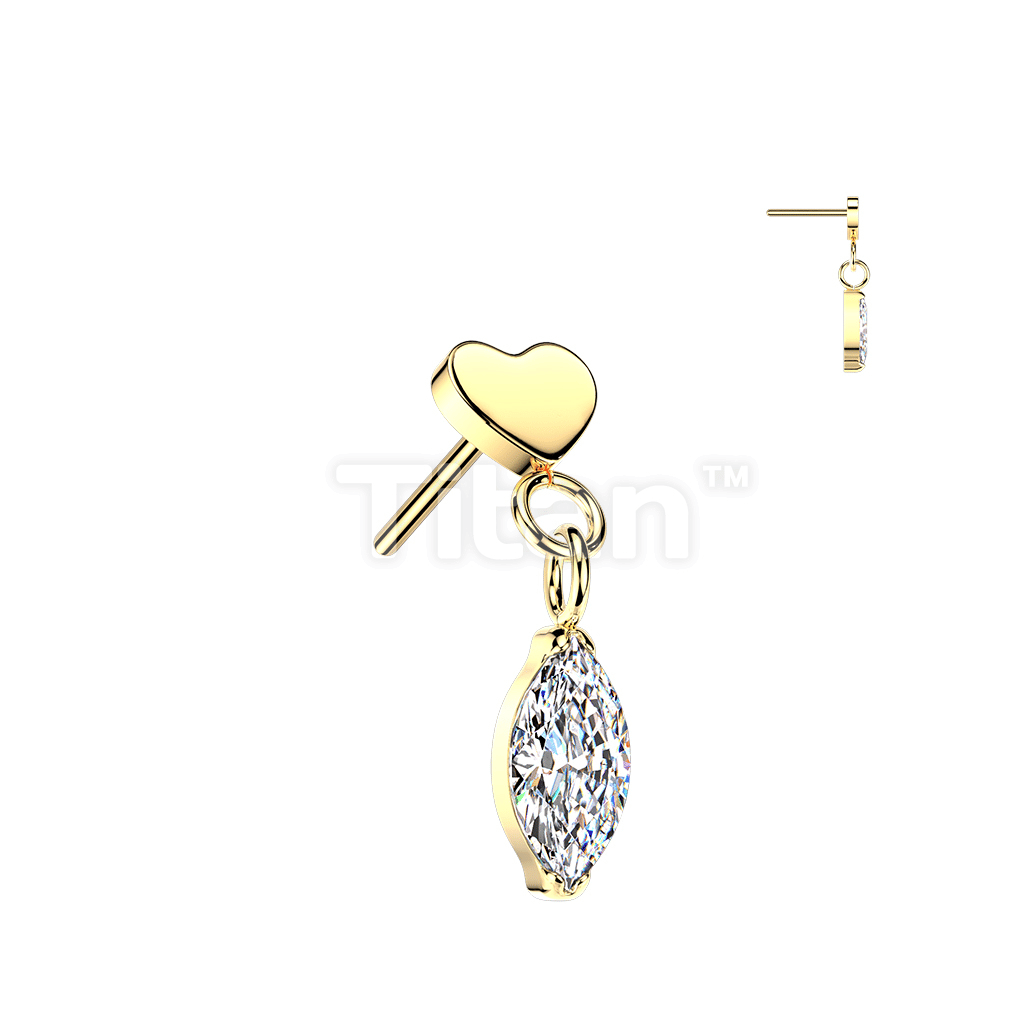 Titanium Threadless Push In Flat Heart Top And Marquise CZ Dangle
