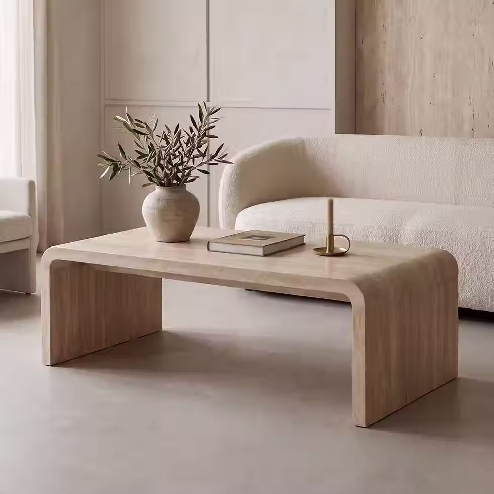 Dayalane 47" Mid Century Modern Rectangular Travertine Coffee Table, Minimalist Waterfall Center Tab