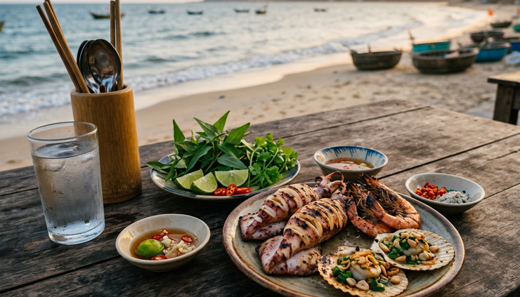 Cận cảnh một bàn ăn hải sản đơn giản bên bờ biển Phan Thiết