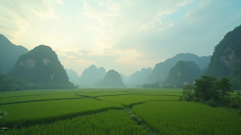 Wide angle view of the tranquil landscape of Tam Coc