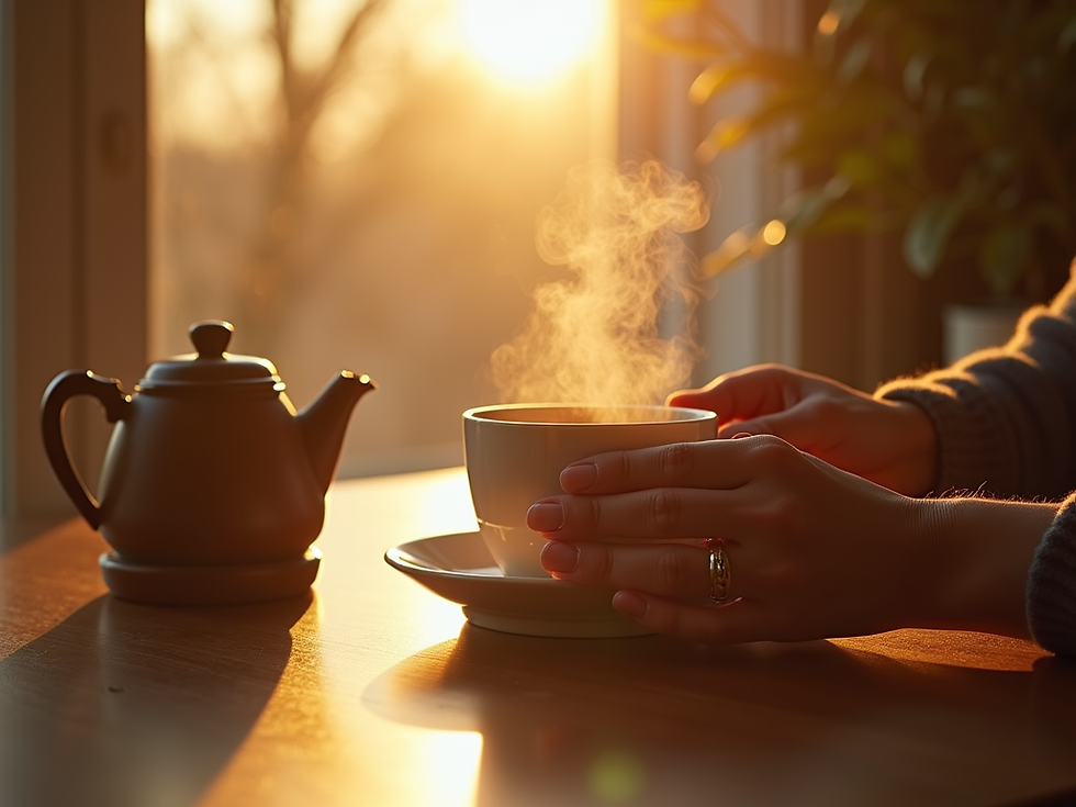 Hands cradle a steaming teacup beside a teapot on a sunlit table, glowing with warm golden light.