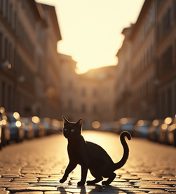 black cat in the middle of a road out of focus in background