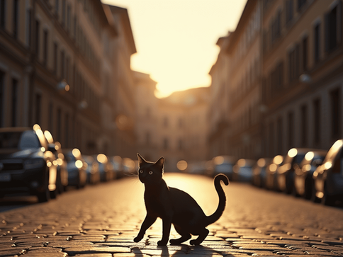 Black cat standing on a cobblestone street at sunset, flanked by parked cars and blurred buildings in warm golden light.