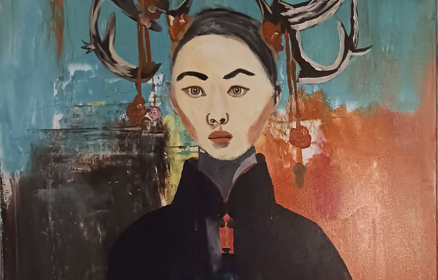 Stylized portrait of a solemn woman with antler-like birds on a turquoise and orange abstract background.