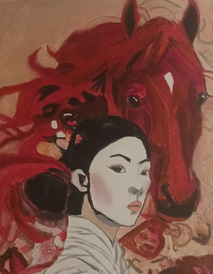 Chinese woman with red horse next to her