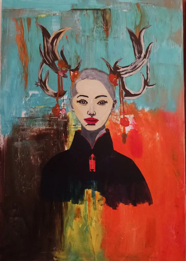 Painting of a woman with colourful background and a pair of antlers on her head