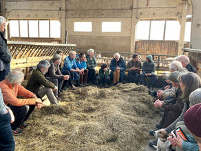 People sitting in a circle inside a barn, engaging in discussion on hay. A small dog is present. The setting is rustic with natural light.