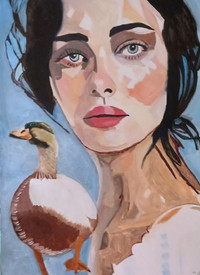 Potrait of a women's face with dark hair, red lips and a duck next to her